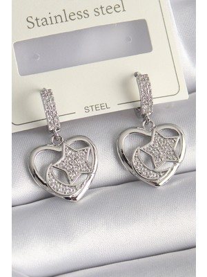Stillove Pirinç Gümüş Renk Kalp Model Zirkon Taşlı Ay Yıldız İşlemeli Kadın Küpe