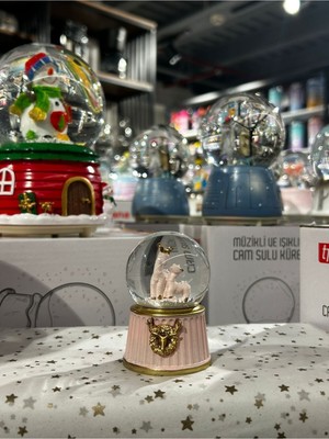 Mediterian Cam Sulu Küre Mini Boy - Işıklı - Geyik Temalı- Kar Küresi--