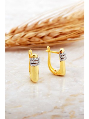 Sümer Telkari Dikdörtgen Taşlı Plaka Altın Kaplama Gümüş Küpe 7173