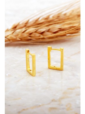 Sümer Telkari Dikdörtgen Taşsız Altın Kaplama Minimal Gümüş Küpe 7174