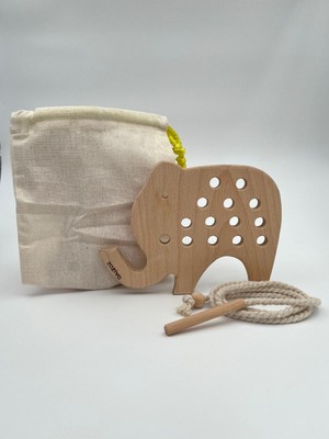Mediterian Ahşap Fil İp Geçirme Montessori Çocuk Eğitici Oyuncak Bej 1+ yaş