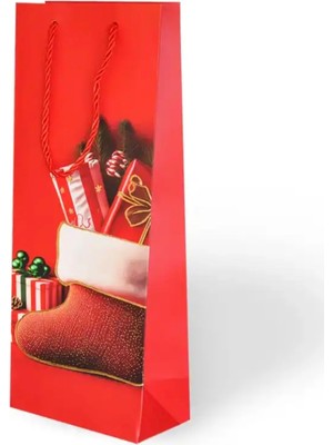 Arminow Yılbaşı Varak Baskılı Lüks Ipli Karton Çanta - Noel - Kırmızı - 12X35X9 cm - 1 Adet - Ç046