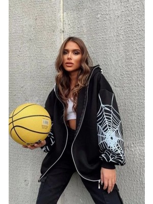 Renkli Kelebek Bape Spider Baskılı Oversize Hırka - Siyah