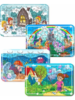 Mediterian Rüya gibi kardan ev, unicorn ve deniz kızı temalı ahşap puzzle seti, 50-100 parça, 4+ yaş