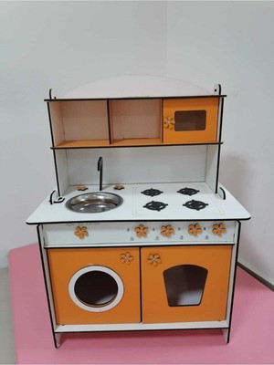 Mediterian Ahşap Çocuk Mutfak Dolabı, Turuncu, 80x60, Montessori, Öğrenmeye Destekleyici 8 Parça