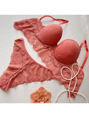 Krz - Balenli Dolgulu Dantel Büstiyer Takım - Somon 90B