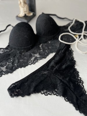 Krz - Balenli Dolgulu Dantel Büstiyer Takım - Siyah 75B