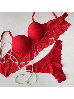 Krz - Balenli Dolgulu Dantel Büstiyer Takım - Kırmızı 90B
