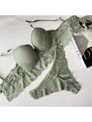 Krz - Balenli Dolgulu Dantel Büstiyer Takım - Yeşil 75B