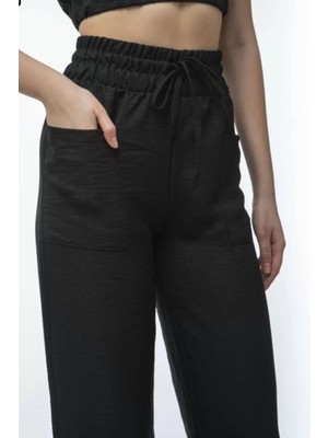 Renkli Kelebek Kadın Keten Pantalon Ve Crop Takım - Siyah