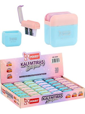 Artlantis Kalemtıraş Çift Bıçaklı Hazneli 6 Renk 1 Paket MK-2040 Pastel Renkler Iki Bıçaklı Jumbo Kalemtraş Kalem Açaçagı Plastik