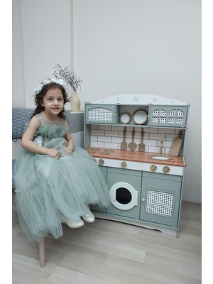 Mediterian Ahşap Mutfak Seti, 18 Parça, Yeşil, LED Hediye, Eğlenceli Oyun for 3+ yaş