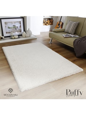 Woolen Halı Puffy Koleksiyonu Shaggy Uzun Tüylü Halı 4001 Beyaz