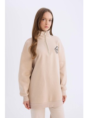 DeFacto Relax Fit Yarım Fermuarlı Dik Yaka Baskılı İçi Yumuşak Tüylü Kalın Sweatshirt Tunik E5402AX24WN