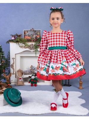 Kız Çocuk Yeniyıl Temalı Kırmızı Kabarık Elbise + Toka 1-8 Yaş