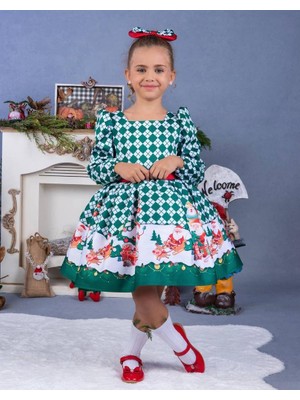 Kız Çocuk Yeniyıl Temalı Yeşil Kabarık Elbise + Toka 1-8 Yaş