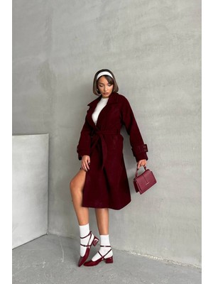 Neşeli Butik Kadın Astarlı Bordo Ithal Kaşe Kaban NBG048