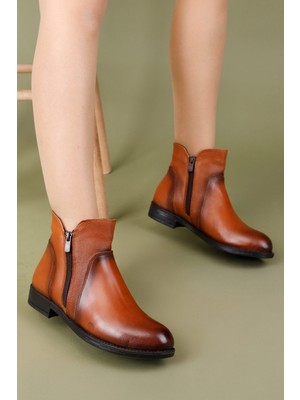 Getcho Rendo Kadın Deri Çift Fermuarlı Taba Bot