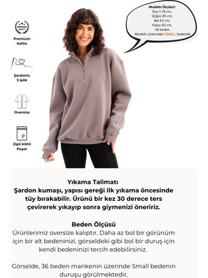 Justever Oversize Fit Dik Yaka Yarı Fermuarlı Şardonlu Gri Kadın Sweatshirt - Cass