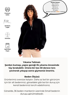 Justever Oversize Fit Dik Yaka Yarı Fermuarlı Şardonlu Siyah Kadın Sweatshirt - Cass