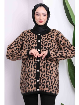 İmaj Butik Vizon Leopar Desenli Triko Hırka