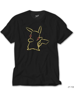 Z Zeplin Pokemon Pikachu Line Siyah Tişört
