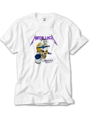 Z Zeplin Metallica Damaged Justice Beyaz Tişört