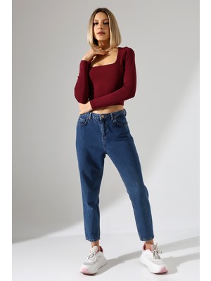 Kare Yaka Penye Kompakt Esnek Kumaş Uzun Kol Bluz 21650 Bordo