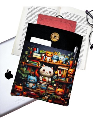 Kitap Kılıfı / Tablet Kılıfı / Ebook Kılıfı / Çok Amaçlı Kılıf  ( Kediler ve Kütüphane )
