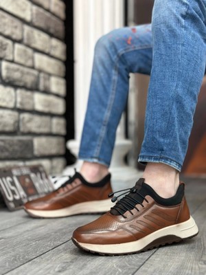 Shoecide SBO0335  Deri Rahat Taban Ayarlanabilir Lastik Bağcıklı Taba Casual Erkek Ayakkabı