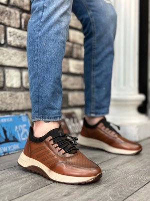 Shoecide SBO0335  Deri Rahat Taban Ayarlanabilir Lastik Bağcıklı Taba Casual Erkek Ayakkabı