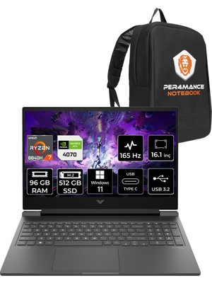 HP Victus 16 AMD Ryzen 7 8840H 96GB 512GB SSD RTX4070/8GB 16.1" FHD 165Hz W11P Taşınabilir Bilgisayar & PER4 Çanta A05N6EAPN417