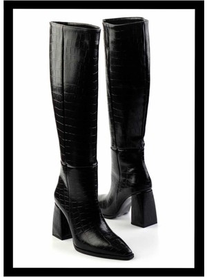 Bambi Siyah Kroko  Kadın Çizme K03667230511