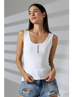 Endies Yakası Düğmeli Likralı Ribana Kumaş Esnek Atlet 21881 Beyaz