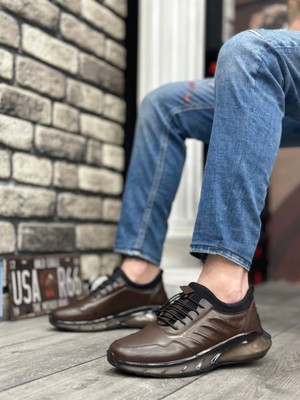 Shoecide SBO0345  Deri Rahat Taban Ayarlanabilir Lastik Bağcıklı Desenli Kahverengi Casual Erkek Ayakkabı