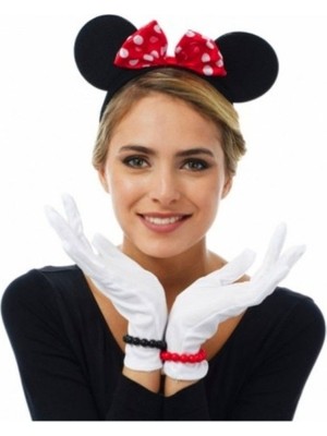 Ttt Kırmızı Fiyonklu Minnie Mouse Tacı ve Beyaz Eldiven Seti