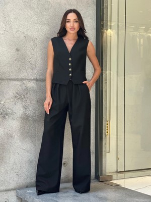 Modatalika Trend Kadın Önü Düğme Kapamalı Arkası Leopar Desenli Bol Pantolon İkili Takım