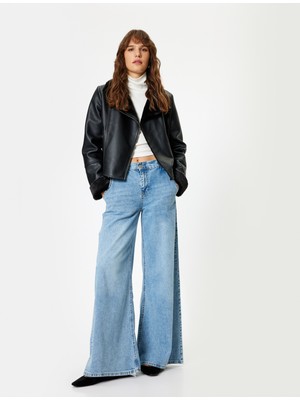 Koton Suni Kürk Yaka Suni Deri Ceket Fermuarlı Cepli