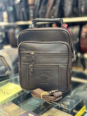 Kahverengi Kasalı Hakiki Deri Erkek El ve Omuz Çantası