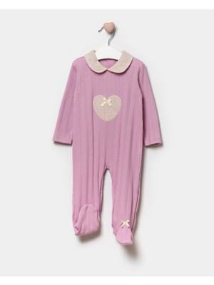 Uzun Kollu %100 Pamuk Bebe Yaka Hediyelik Kız Bebek Patikli Tulum 3-9 Ay