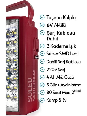 Suled Kamp Lambası 6V Akülü 80 Saat - 3 gün Aydınlatma 24 Smd LED Işıldak Lamba 220V Şarj