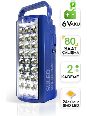 Suled Kamp Lambası 6V Akülü 80 Saat - 3gün Aydınlatma 24 Smd LED Işıldak Lamba 220V Şarj