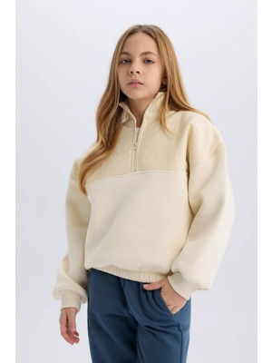 DeFacto Kız Çocuk Oversize Geniş Kalıp Yarım Fermuarlı Basic Düz İçi Yumuşak Tüylü Sweatshirt D6184A824WN