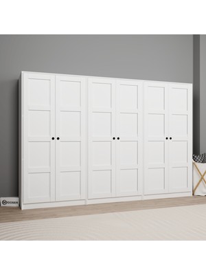 Midoser Lucas 6 Kapaklı 3 Askılı 8 Raflı Yüklük ve Elbise Dolabı Seti - Mat Beyaz