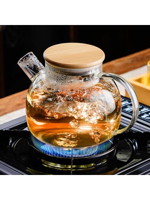 Erkugo Vakumlu Bambu Kapaklı Isıya Dayanıklı Borosilikat Cam Demlik, Süzgeçli Demlik (1000 Ml) Teapot