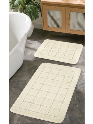 Doğal Kaymaz Taban Banyo Paspas Seti Uzun Ömürlü Yumuşak Dokulu Su Emici Yıkanabilir Krem Kareli Set 50x80-50x40