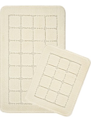 Doğal Kaymaz Taban Banyo Paspas Seti Uzun Ömürlü Yumuşak Dokulu Su Emici Yıkanabilir Krem Kareli Set 50x80-50x40