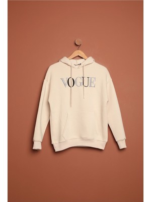 Velora Moda Üç Iplik Vogue Nakışlı Kapüşonlu Kadın Bej Sweat