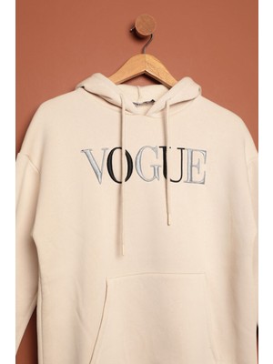 Velora Moda Üç Iplik Vogue Nakışlı Kapüşonlu Kadın Bej Sweat