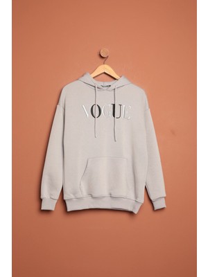 Velora Moda Üç Iplik Vogue Nakışlı Kapüşonlu Kadın Gri Sweat